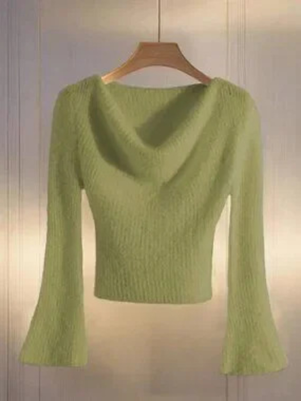ZARA Green Women's Ruffled Collar Long Flare Sleeve Knit Sweater